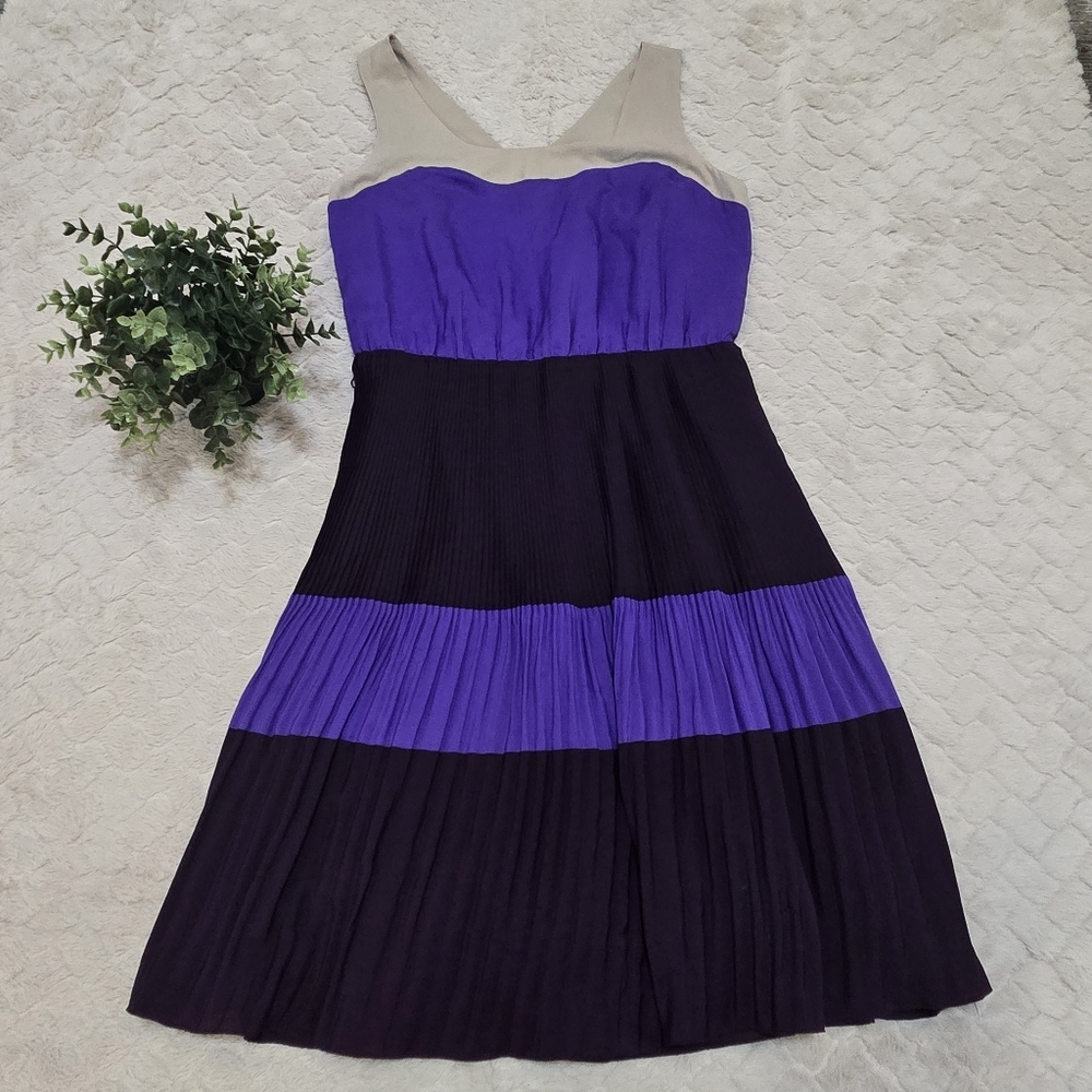 The Limited Purple & Tan Colorblock Pleated Sleeveless Swing Dress, Size Medium